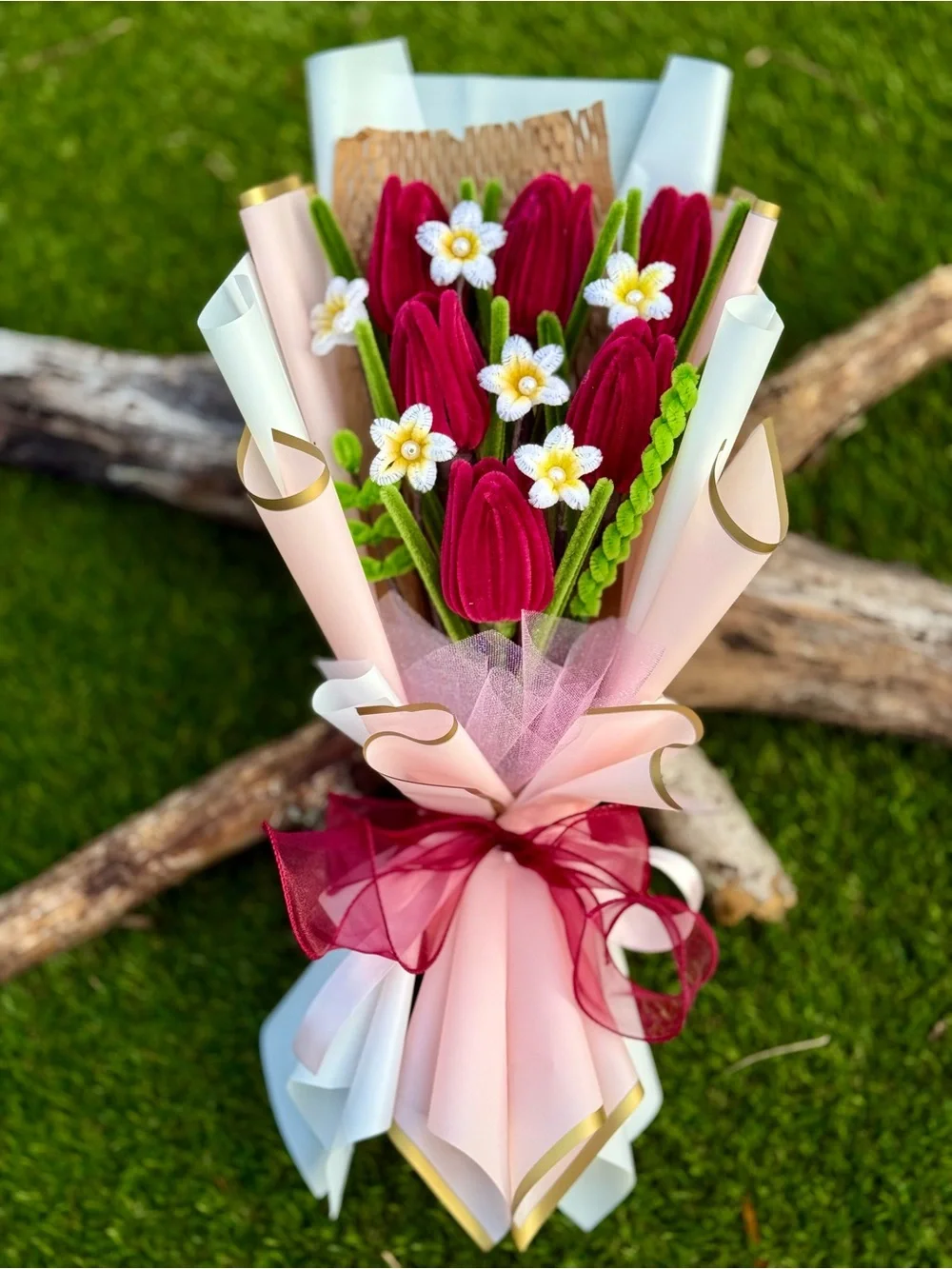 Handmade Velvet Tulip Garland Bouquet in Deep Red with White Accents